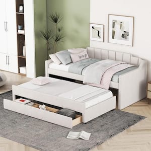 Channel-Tufted Beige Wood Frame Twin Size Linen Upholstered Daybed with Twin Size Trundle and 3-Drawer