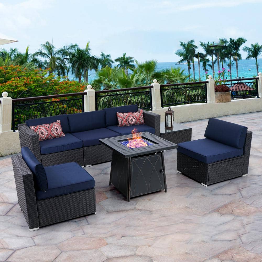 PHI VILLA Black Frame 7Piece Patio Brown Wicker Rattan Conversation