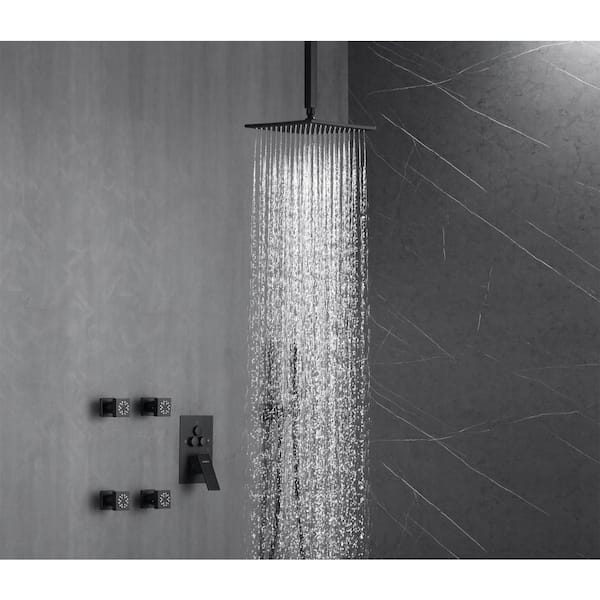 Luxury Single Handle 2-Spray Shower Faucet 1.8 GPM with High Pressure Rainfall and Push Button Diverter in Matte Black