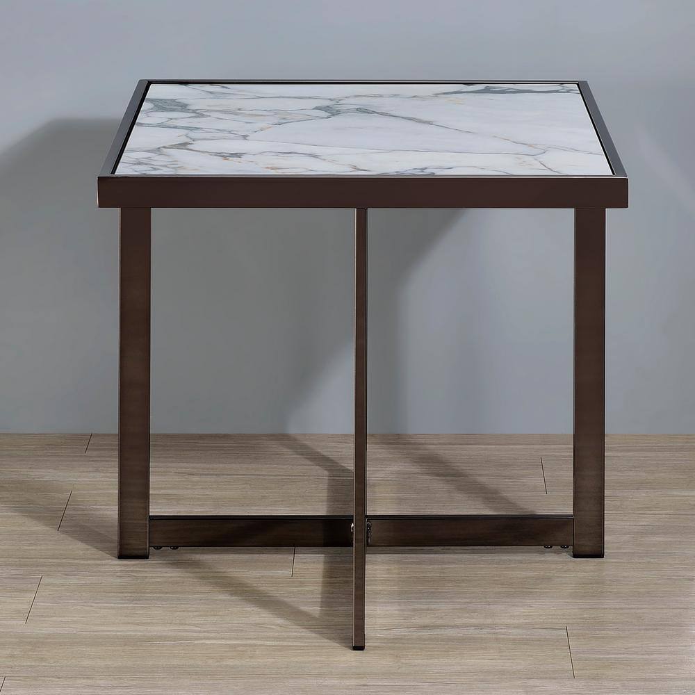 Kayley 23" White Sintered Stone Square End Table with Black Metal Base