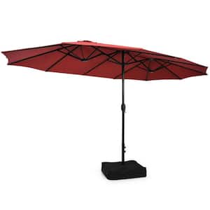 15 ft. Double-Sided Twin Market Patio Umbrella in Red with Crank and Base