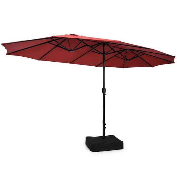 Clihome 15 ft. Double-Sided Twin Market Patio Umbrella in Red with Crank and Base