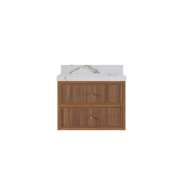 Willow Collections Sonoma Floating 30 in. W x 22 in. D x 36 in. H Single Sink Bath Vanity in Dark Natural with 2" Calacatta Gold Qt. Top