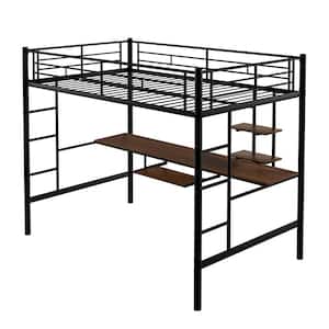 Black Full Size Metal Loft Bed with Desk and Shelf, Space-saving Kids Loft Bed With Metal Frame