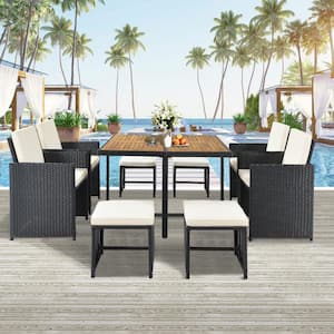 9-Piece all-weather PE Wicker patio Outdoor Dining dining table Set with wooden tabletop, black rattan + beige Cushions