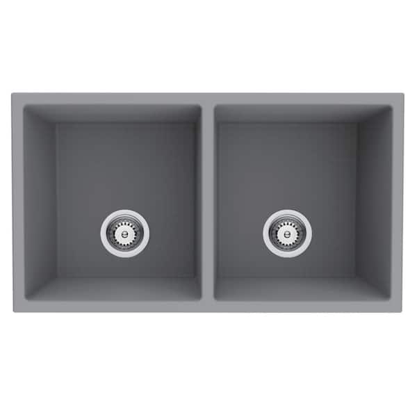 Maincraft Gray Quartz 32.09 in. Double Bowl Undermount Kitchen Sink with Strainer