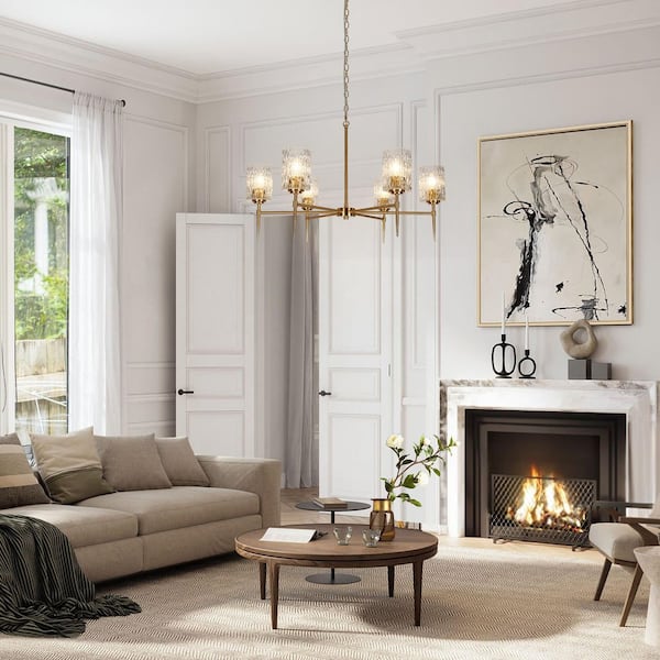 Modern Plated Brass Wagon Wheel Large Chandelier with Textured Glass Shades 6-Light Living Dining Cricle Hanging Pendant