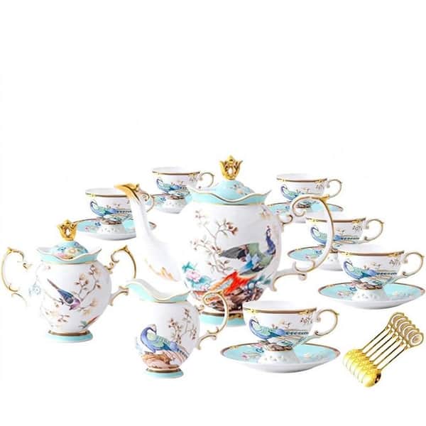 Accent Plate Ceramic 21-Piece Blue Vintage English Floral 6-Cup Fine Bone China Tea Set with Teapot, Saucers, Gold Trim