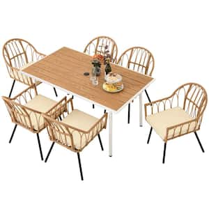 7-Piece Wicker Outdoor Dining Set with Rectangular Dining Table and 6 Yellow Rattan Dining Chairs with Beige Cushions