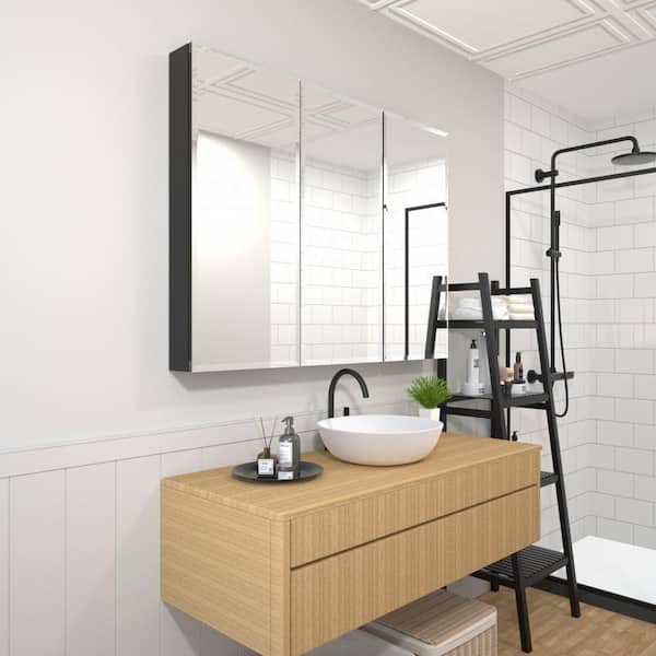 TaiMei 48 in. x 36 in. Rectangular Frameless Recessed or Surface-Mount Bathroom Tri-View Medicine Cabinet with Mirrors