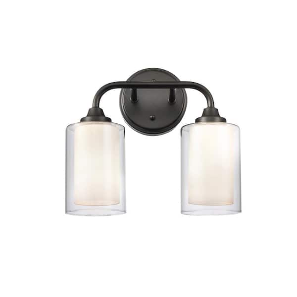 Fairbank 12 in. Matte Black, White and Clear Vanity Light with White Glass Shade