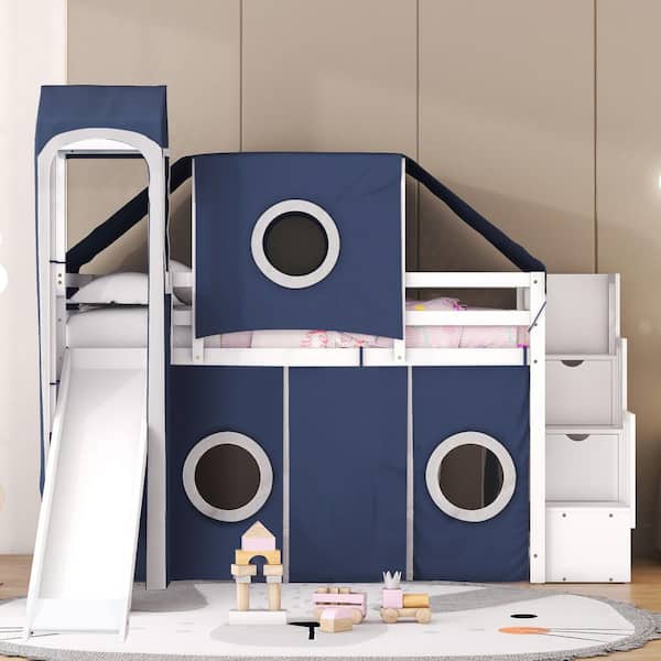 Blue Twin Size Wood Loft Bed with Tent and Tower