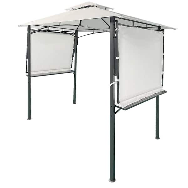 Tunearary 13 ft. x 4.5 ft. Iron Backyard BBQ Grill White Gazebo with Bar Counters Extendable Shades
