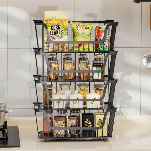 4 Piece Stackable Ventilated Metal Wire Storage Basket Set, Rustproof Heavy Duty Organizer for Kitchen Pantry