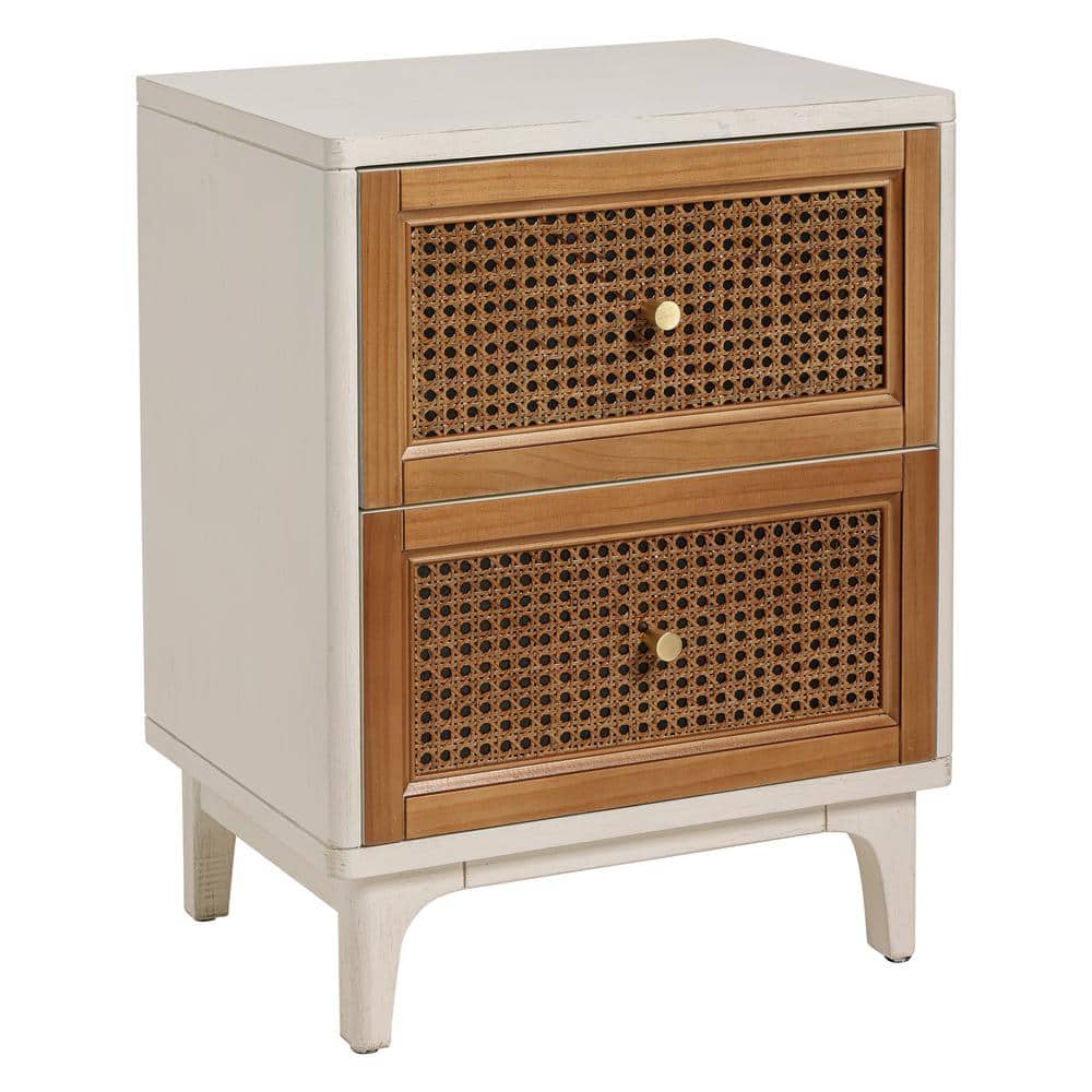 White and Brown 2-Drawer Cane Front Nightstand with Brass Knobs