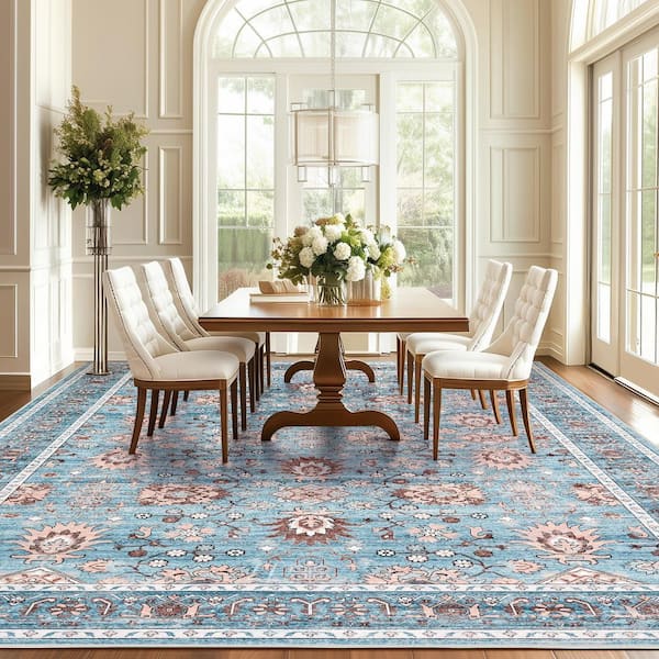 Blue 4 ft. x 6 ft. Vintage Printed Washable Soft, Non Slip Low Pile, for Living Room, Bedroom, Entryway Area Rug