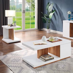 Marvel 47.25 in. White and Natural Rectangle Composite Coffee Table Set with Shelves (2-Piece)