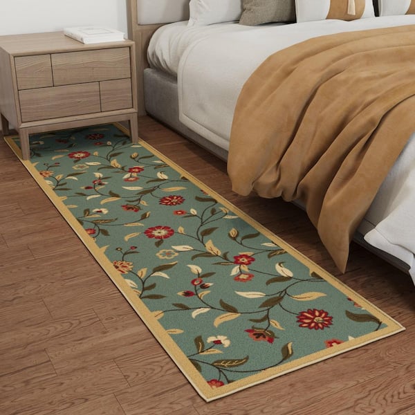 Ottohome Collection Non-Slip Rubberback Floral Leaves 2x7 Indoor Runner Rug, 1 ft. 10 in. x 7 ft., Dark Seafoam Green