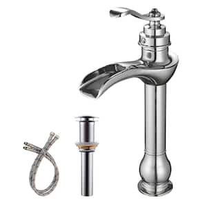 Single Handle Single Hole Waterfall Bathroom Vessel Sink Faucet with Pop-Up Drain Assembly Kit in Polished Chrome