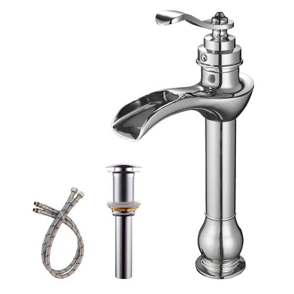 FLG Single Handle Single Hole Waterfall Bathroom Vessel Sink Faucet with Pop-Up Drain Assembly Kit in Polished Chrome