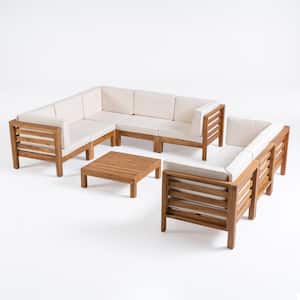 Jonah Teak Finish 9-Piece Wood Outdoor Sectional Sofa Set with Beige Cushions