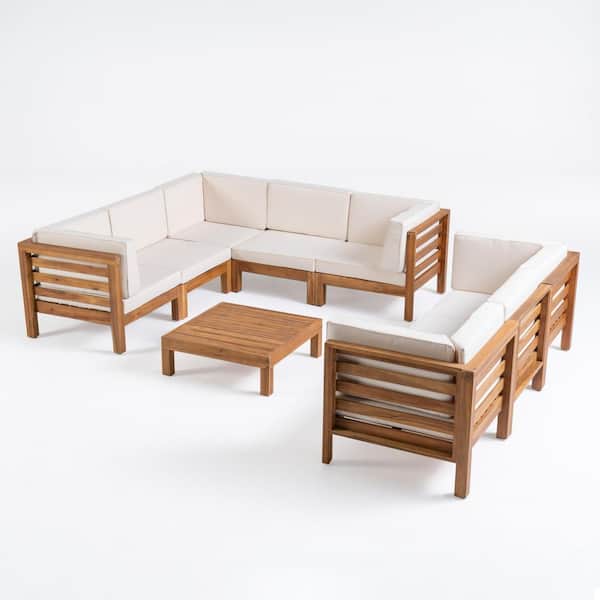 Noble House Jonah Teak Finish 9-Piece Wood Outdoor Patio Sectional Sofa Set with Beige Cushions