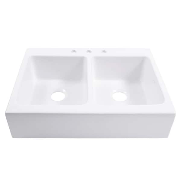 Parker 34 in. 3-Hole Quick-Fit Farmhouse/Apron-Front Drop-In Double Bowl Crisp White Fireclay Kitchen Sink