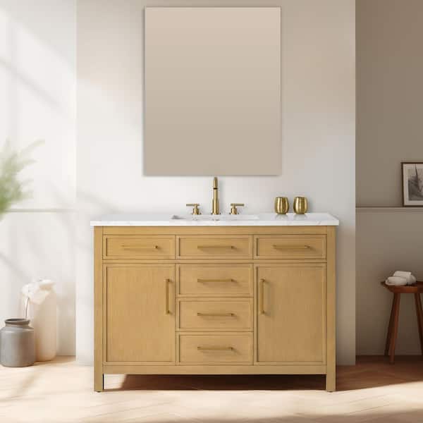 SUDIO Logan 48 in. W Bath Vanity in Sand with Engineered Stone Top in Carrara White with White Sink