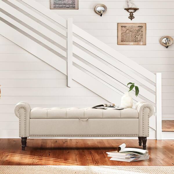 cozyman Cerella 63 in.Linen Tufted Fabric Upholstered Storage Bedroom Bench Rolled Arm Button Tufted Storage Ottoman QLL LINEN 631