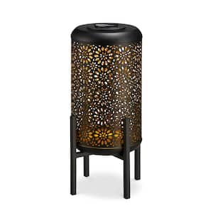 14.25 in. H Black and Gold Metal Cutout Flower Pattern Solar Powered LED Outdoor Lantern with Stand