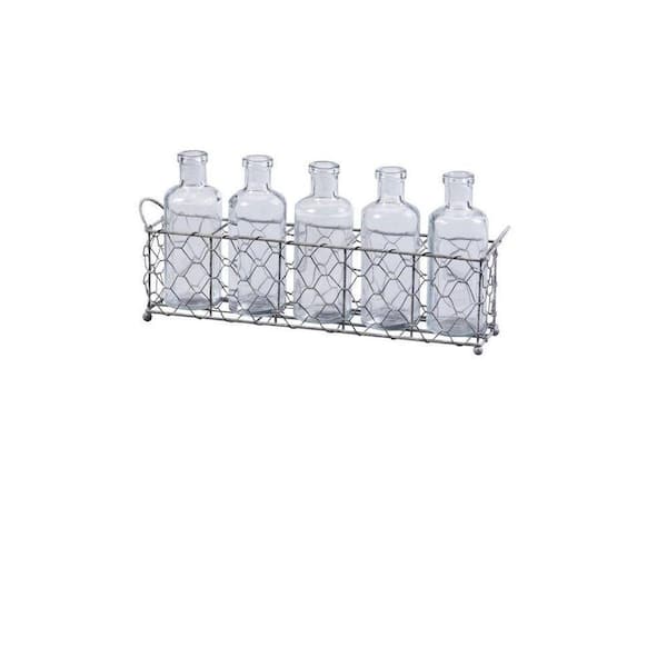 Storied Home 5.75 in. Silver/Clear Glass Bottles and Wire Tray Set (5-Piece)
