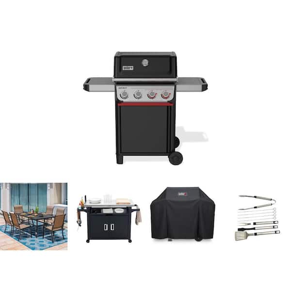 Spirit SB-E-425 Grill, Cover, Tool Set (8 Piece), Island Cart and 7-Piece Patio Dining Set Combo