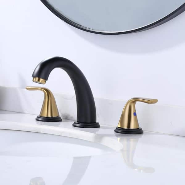 8 in. Widespread Double Handle High Arc Bathroom Faucet with Pop Up Drain Kit and Supply Lines in Black and Gold