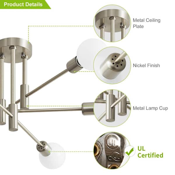 Deyidn 6-Light Vintage Nickel Linear Sputnik Chandelier Semi Flush