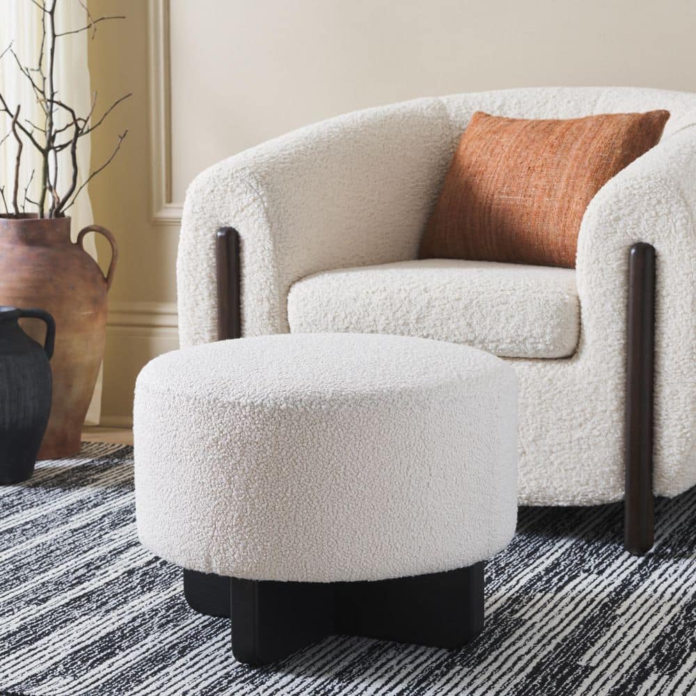 Riah Off White/Black Polyester Round Accent Ottoman