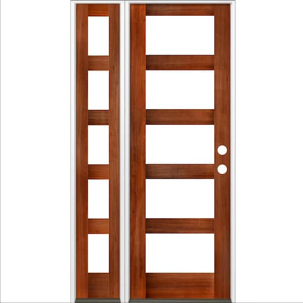 Krosswood Doors 46 in. x 96 in. Modern Hemlock Left-Hand/Inswing 5-Lite Clear Glass Red Chestnut Stain Wood Prehung Front Door