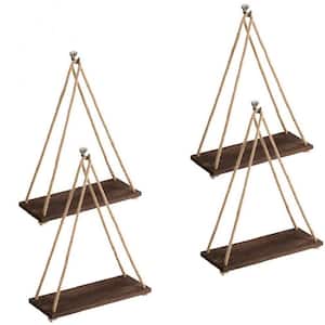 Brown Hanging Shelves, Wood Floating Wall Shelves Rustic Hanging Swing Rope Shelves (Set of 4)