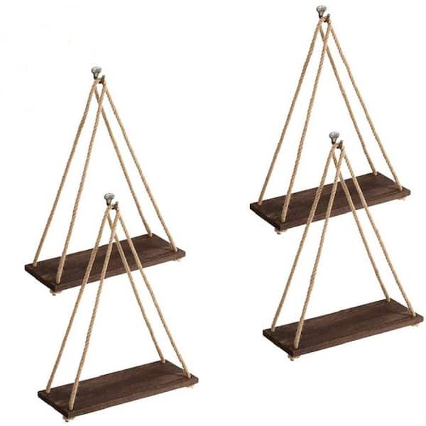 Oumilen Brown Hanging Shelves, Wood Floating Wall Shelves Rustic Hanging Swing Rope Shelves (Set of 4)
