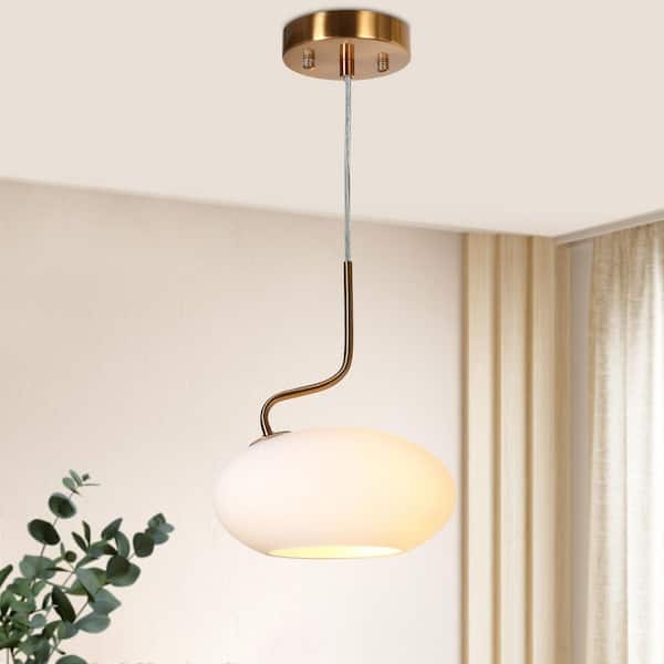 Modern Farmhouse 1-Light Oval Island Chandelier, Brass Pendant Light with Frosted Glass Shade for Dining Room