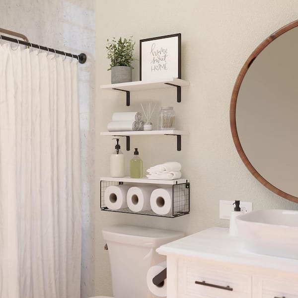 Cubilan 16.5 in. W x 15 in. D x 5.5 in. H White Wood Decorative Wall Shelf Floating Bathroom Shelves M84508