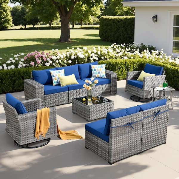 HOOOWOOO Tahoe Grey 9-Piece Wicker Outdoor Patio Conversation Sofa Set with Swivel Rocking Chairs and Navy Blue Cushions