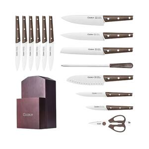 15-Piece Stainless Steel Chef Knife Set Kitchen Knife Set with Oak Knife Block and Manual Sharpener