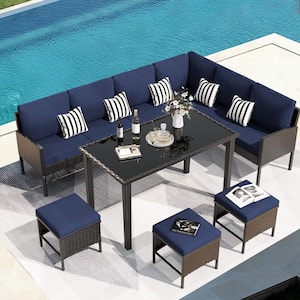 7-Piece Black Wicker Patio Conversation Set with Waterproof Blue Cushions and Glass Table