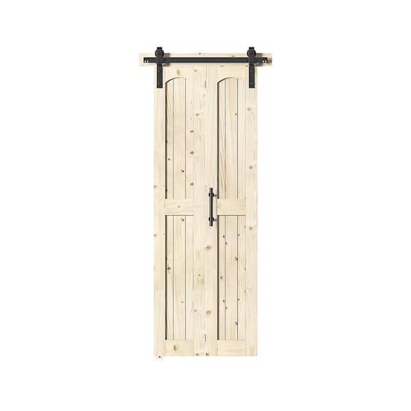SANDING Assembled Arch Top 30 in. x 84 in. Solid Core Knotty Pine Wood Unfinished Bi-fold Door With Hardware Kit