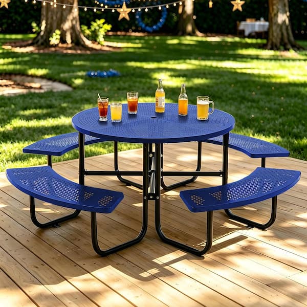 83 in. Blue Round Outdoor Steel Picnic Table, 1-Piece with 4-Built-in Benches and Umbrella Hole
