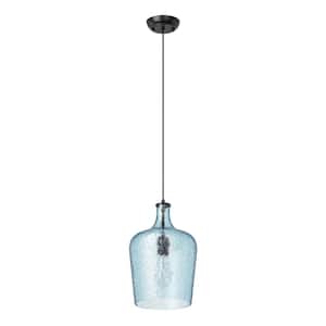 9 in. 1-Light Black Island Pendant Light Industrial Hanging Light with Blue Glass Shade