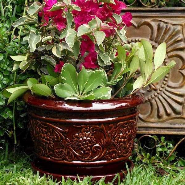 8 in. Dia Brown Rustic Damask Ceramic Planter