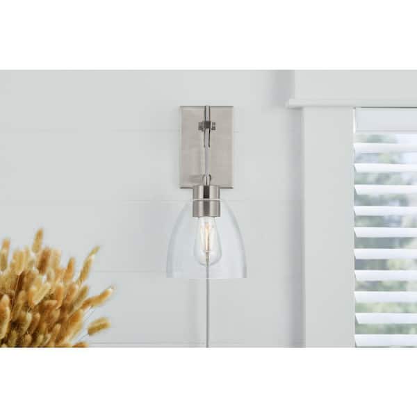 Home Decorators Collection Needham 1-Light Brushed Steel Indoor Wall Sconce, Industrial Wall Light with Bulb Included