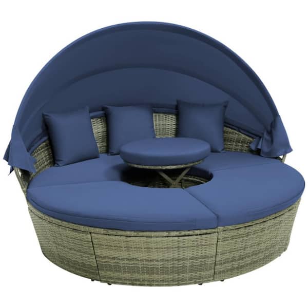 Wicker Outdoor Patio Rattan Retractable Canopy Day Bed with Adjustable Table and Navy Cushions