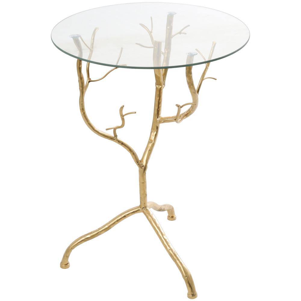 Litton Lane 16 in. Gold Branch Large Round Glass End Table with Glass